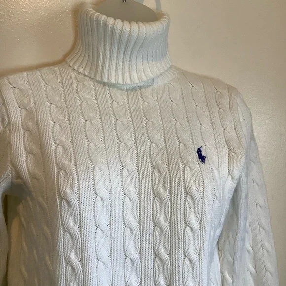 Ralph Lauren Sport CowlNeck Sweater Women Med. White Cable Knit Pullover Cotton - Picture 2 of 12